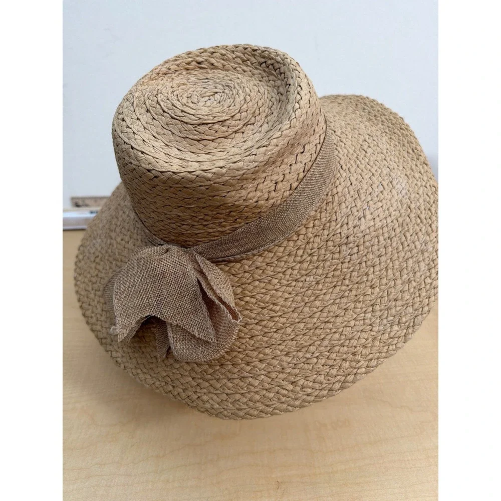 Woven Paper Straw Wide Brim Sun Hat with Burlap Bow Accent Tan Summer Beach Hat